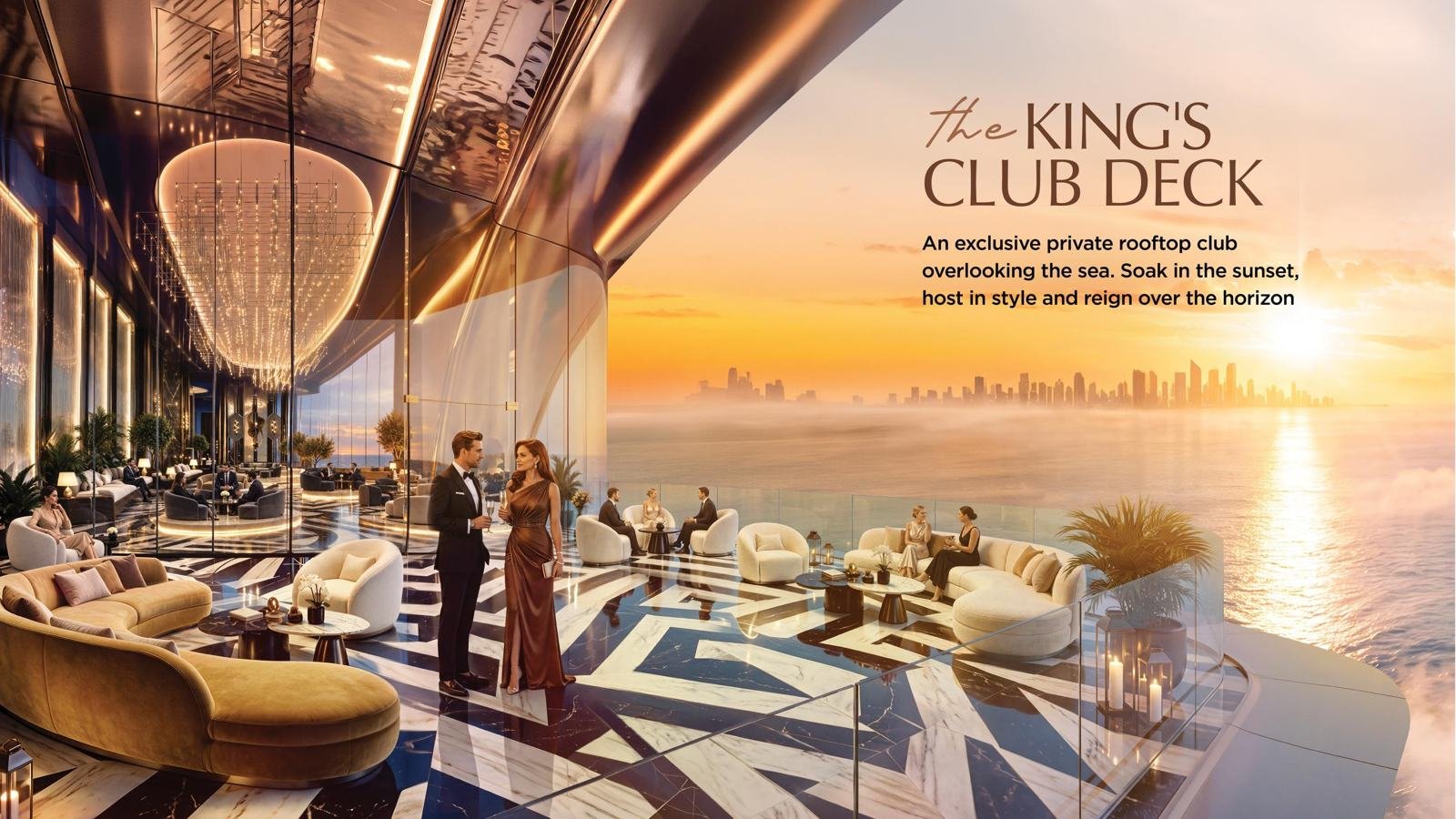 Rooftop club deck at sunset