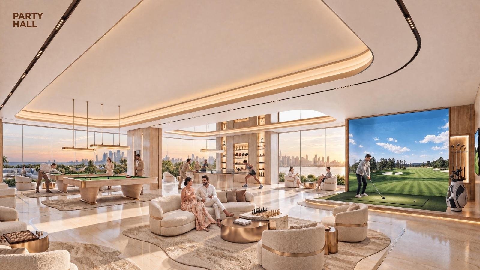 Party hall with billiards and golf simulator
